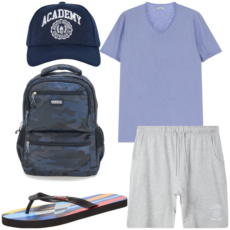 Outfit uomo - Pronto per la spiaggia. Stile Casual per Mare. Abbinamento con sandali, cappelli con visiera, pantaloncini sportivi, t-shirt, borse sportive.