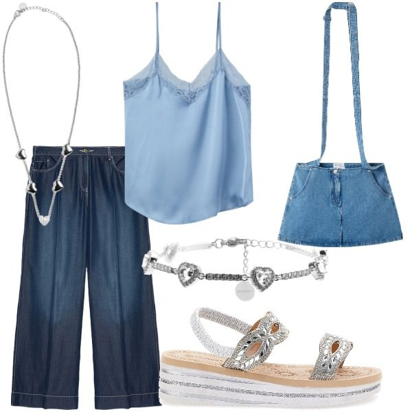 Outfit donna - Le serate di Luglio. Stile Casual chic per Serata fuori. Abbinamento con minigonne, top, collane, braccialetti, pantaloni, sandali gioiello.