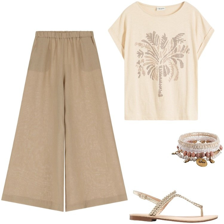 Outfit donna - Total look #2199041. Stile Boho per Mare. Abbinamento con t-shirt, braccialetti, ciabatte, pantaloni.