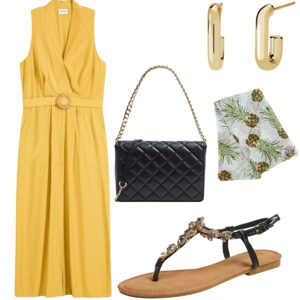 Outfit donna - Outifit di luglio. Stile Casual per Serata fuori. Abbinamento con vestiti, sandali gioiello, borse a tracolla, orecchini, foulard.