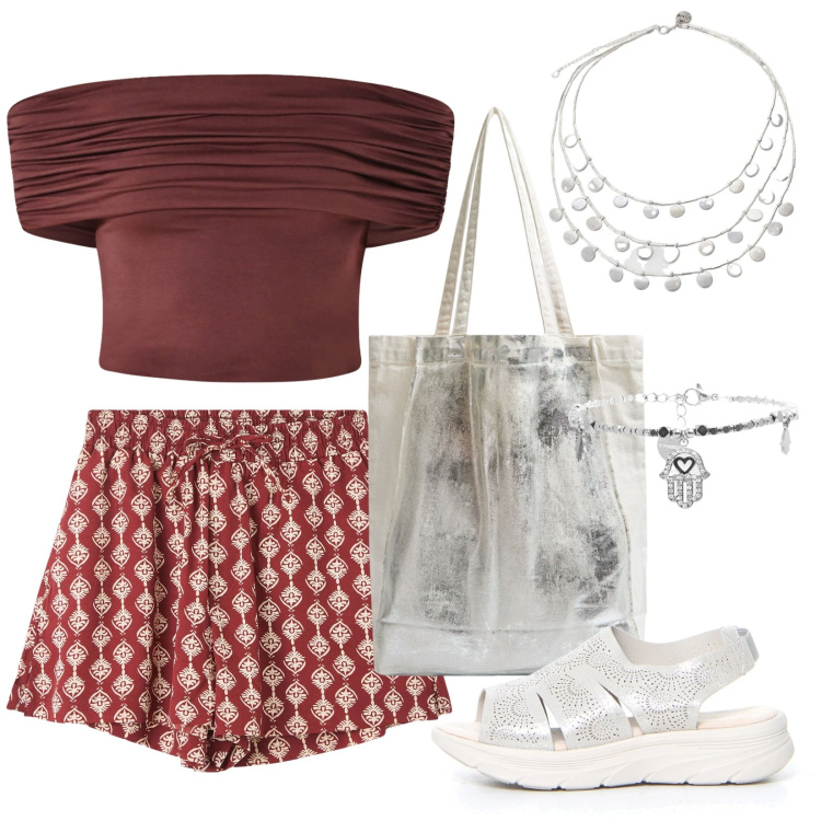 Outfit donna - Viaggio in Turchia. Stile Etnico per Tutti i giorni. Abbinamento con shorts, shopping bag, top, ciondoli, braccialetti, sandali.