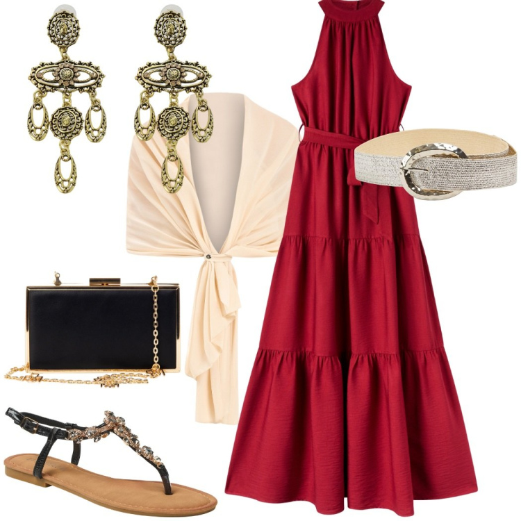 Outfit donna - Viaggio in Turchia. Stile Etnico per Serata fuori. Abbinamento con cinture, vestiti lunghi, sandali gioiello, pochette, scialli, orecchini.