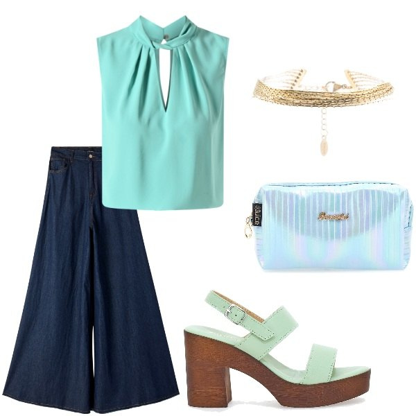 Outfit donna - Le serate di Luglio. Stile Casual chic per Serata fuori. Abbinamento con jeans, top, braccialetti, zoccoli, valigie.