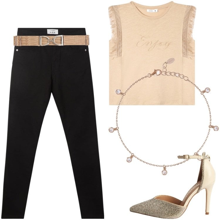 Outfit donna - Total look #2199048. Stile Sporty chic per Serata fuori. Abbinamento con décolleté, t-shirt, cinture, pantaloni, braccialetti.