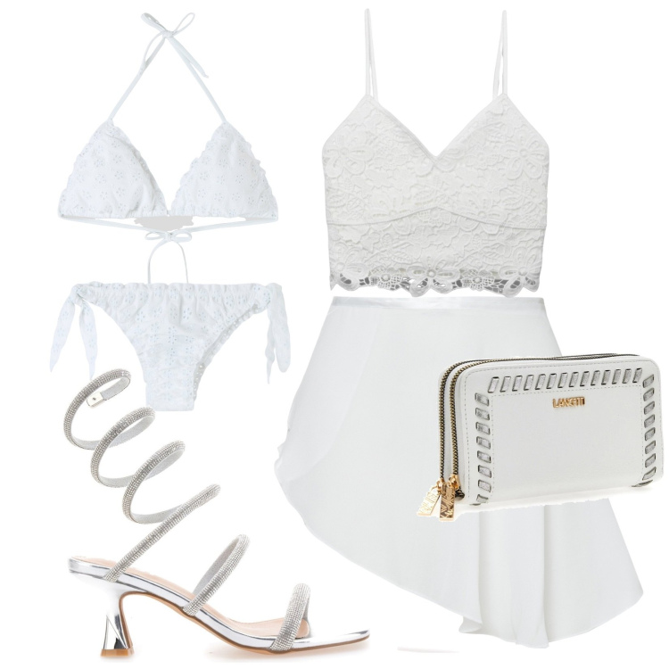 Outfit donna - White party in piscina. Stile Sexy per Mare. Abbinamento con canottiere, bikini, bikini, minigonne, portafogli, sandali gioiello.