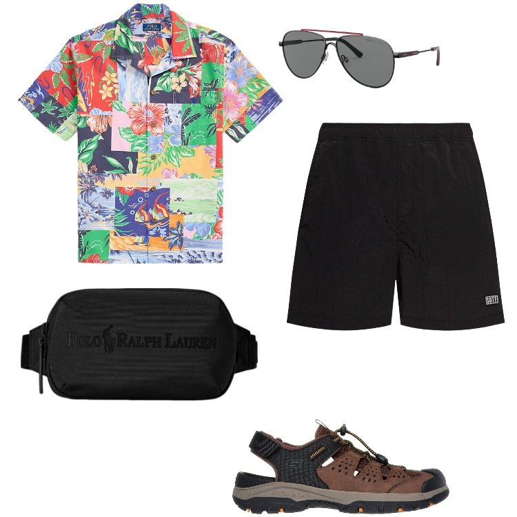 Outfit uomo - Una camicia eccentrica. Stile Trendy per Mare. Abbinamento con occhiali da sole, borse sportive, camicie, sandali, shorts.