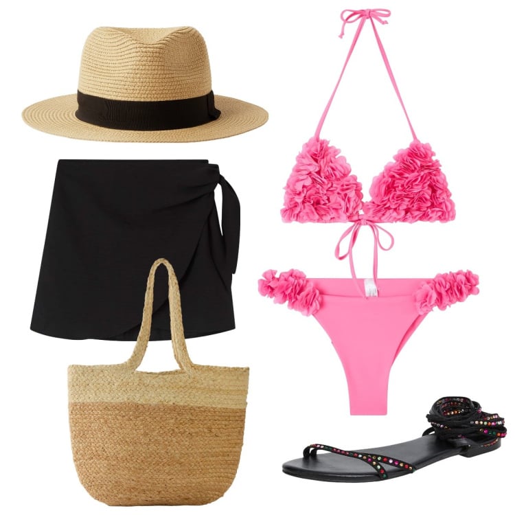 Outfit donna - In spiaggia con Terranova. Stile Glamour per Mare. Abbinamento con shopping bag, sandali alla schiava, bikini, vestiti da spiaggia, cappelli, bikini.