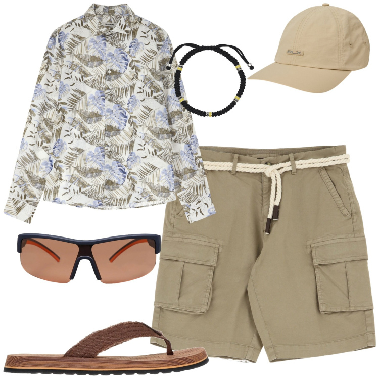 Outfit uomo - From beach to spritz. Stile Trendy per Mare. Abbinamento con occhiali da sole, braccialetti, bermuda, camicie, cappelli, sandali.
