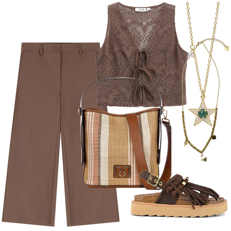 Outfit donna - Viaggio in Turchia 2. Stile Etnico per Tutti i giorni. Abbinamento con collane, borse a secchiello, pantaloni, maglieria, ciondoli, sandali.