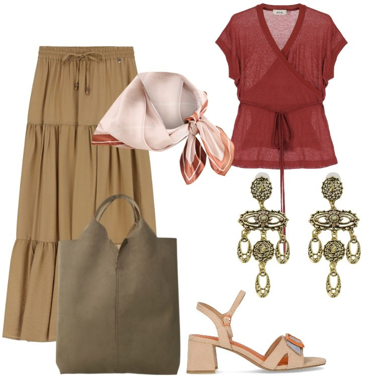 Outfit donna - Colori caldi. Stile Etnico per Tutti i giorni. Abbinamento con foulard, top, shopping bag, orecchini, gonne lunghe, sandali col tacco.
