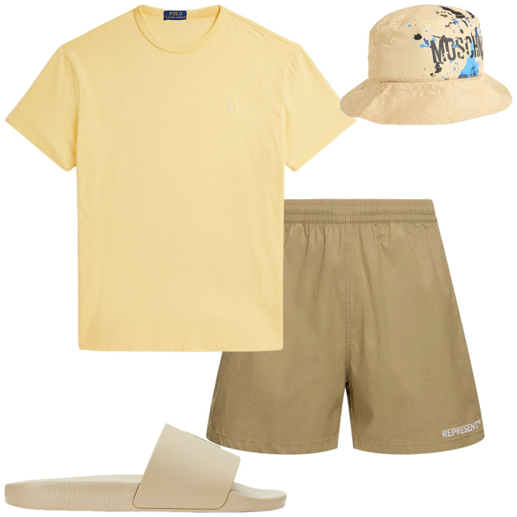 Outfit uomo - Colori solari. Stile Casual per Tutti i giorni. Abbinamento con cappelli, t-shirt, sandali, shorts.
