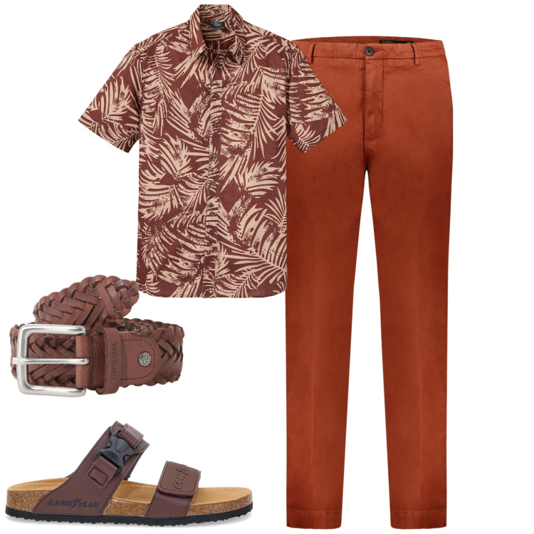 Outfit uomo - Terracotta. Stile Urban per Tutti i giorni. Abbinamento con camicie a manica corta, cinture, pantaloni, sandali.