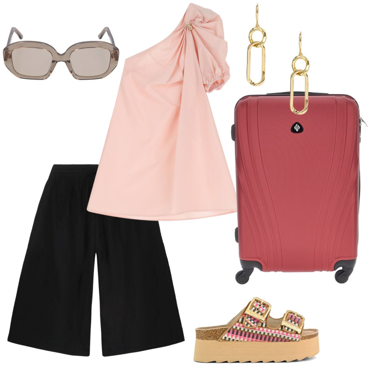 Outfit donna - Partenza. per Mare. Abbinamento con vestiti corti, orecchini, bermuda, sandali, valigie, occhiali da sole.