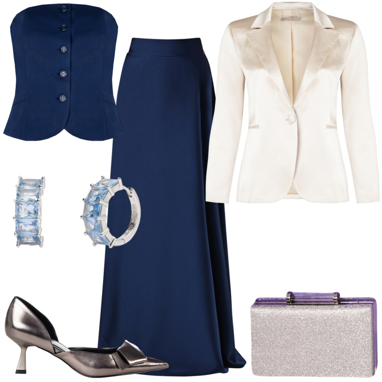 Outfit donna - Cerimonia in seta. Stile Chic per Cerimonia. Abbinamento con orecchini, décolleté, gonne lunghe, top, blazer, pochette.