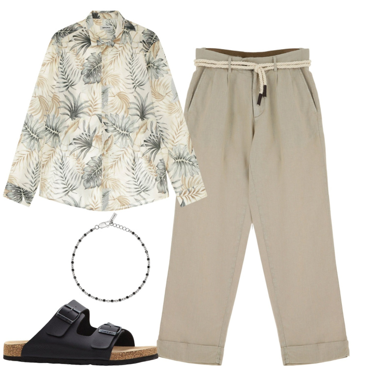 Outfit uomo - Passeggiata serale. Stile Casual per Serata speciale. Abbinamento con sandali, braccialetti, pantaloni chino, camicie.