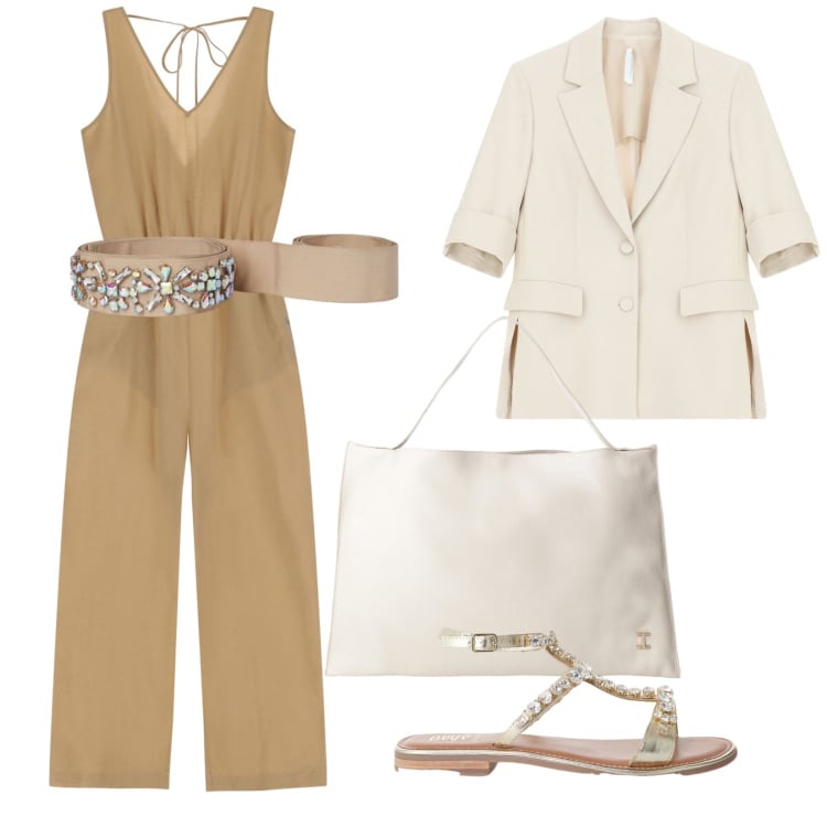 Outfit donna - Luglio chic. Stile Chic per Serata fuori. Abbinamento con tute, blazer, borse a spalla, sandali, cinture.