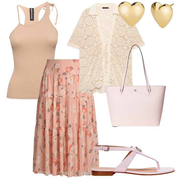 Outfit donna - In ufficio. per Ufficio. Abbinamento con orecchini, borse tote, sandali in pelle, gonne longuette, camicie a manica corta, canottiere.