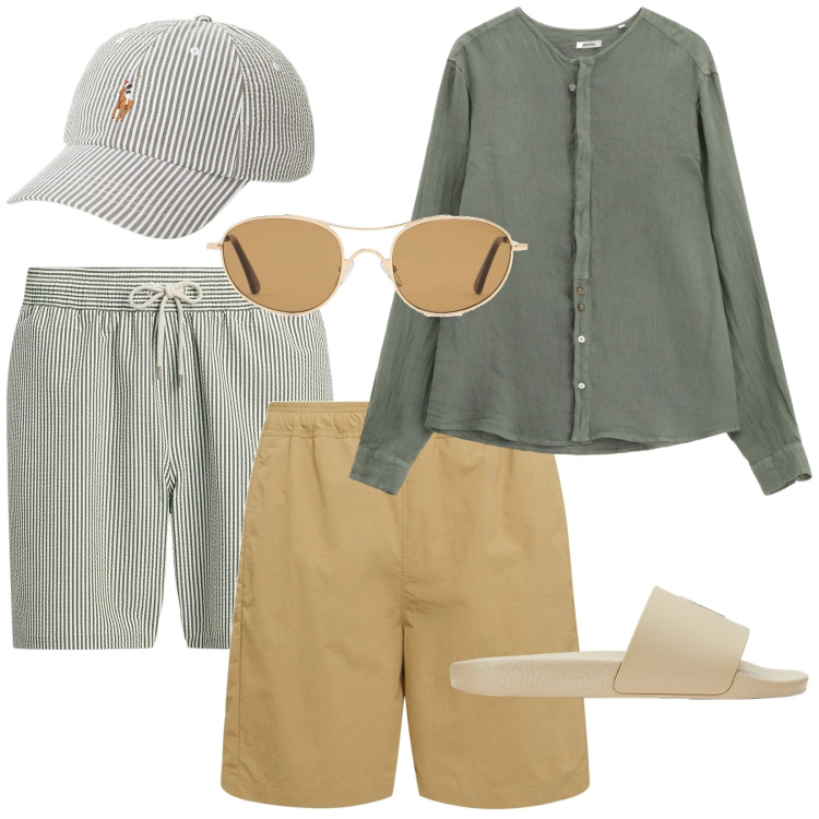 Outfit uomo - Aperitivo in spiggia. Stile Trendy per Mare. Abbinamento con camicie, cappelli, costumi, sandali, occhiali da sole, shorts.