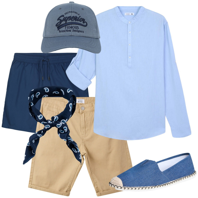 Outfit uomo - Al bar della spiggia. Stile Casual per Mare. Abbinamento con espadrillas, cappelli con visiera, camicie, bermuda, sciarpe e foulard, costumi.