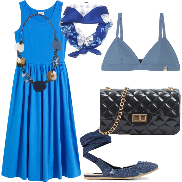 Outfit donna - Passeggiata sotto un cielo blu. Stile Bon Ton per Tutti i giorni. Abbinamento con vestiti, borse a tracolla, reggiseni, ballerine, foulard, collane.