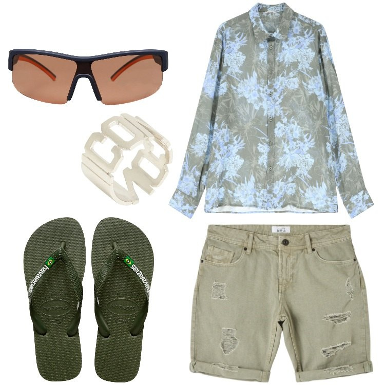 Outfit uomo - Stile “beach to bar”. Stile Trendy per Mare. Abbinamento con occhiali da sole, anelli, bermuda, camicie, sandali.