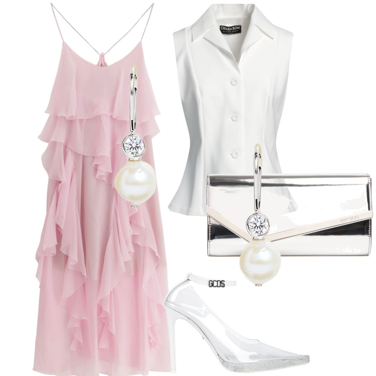 Outfit donna - L amica della sposa. Stile Chic per Cerimonia. Abbinamento con blazer, décolleté, vestiti lunghi, orecchini, pochette.