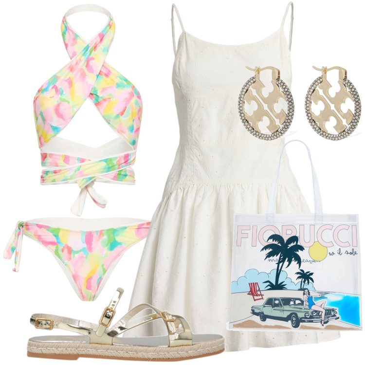 Outfit donna - Un giardino sul mare. Stile Glamour per Mare. Abbinamento con vestiti, espadrillas, costumi interi, orecchini, borse tote.