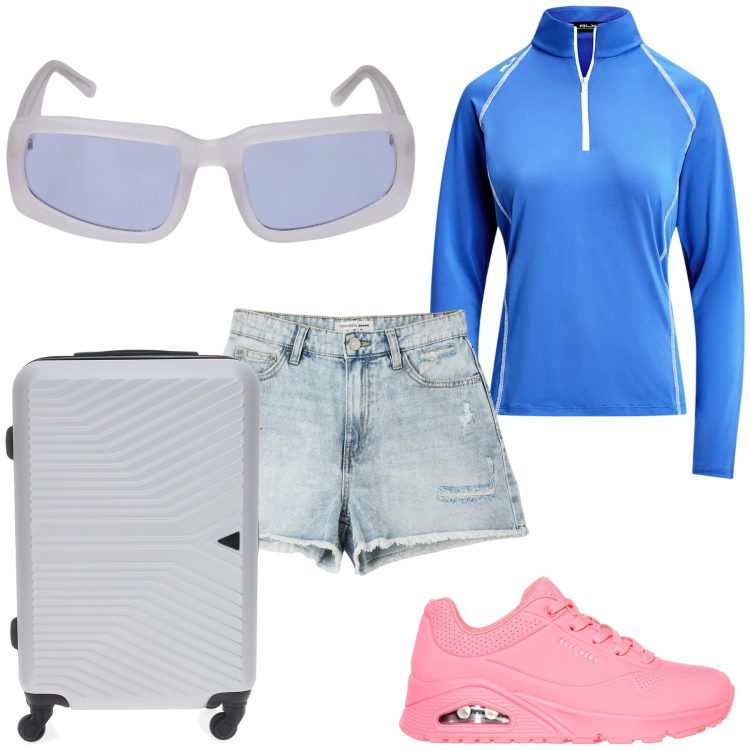 Outfit donna - Partendo per la montagna. Stile Casual chic per Tutti i giorni. Abbinamento con shorts, pullovers, sneakers, occhiali da sole, valigie.
