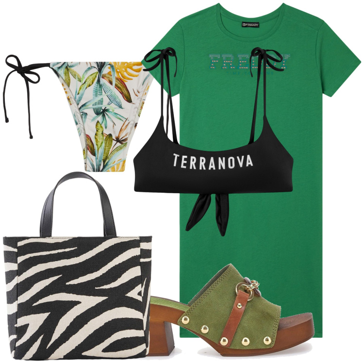 Outfit donna - Un mare di risparmi. Stile Trendy per Mare. Abbinamento con borse a mano, bikini, vestiti, bikini, zoccoli.