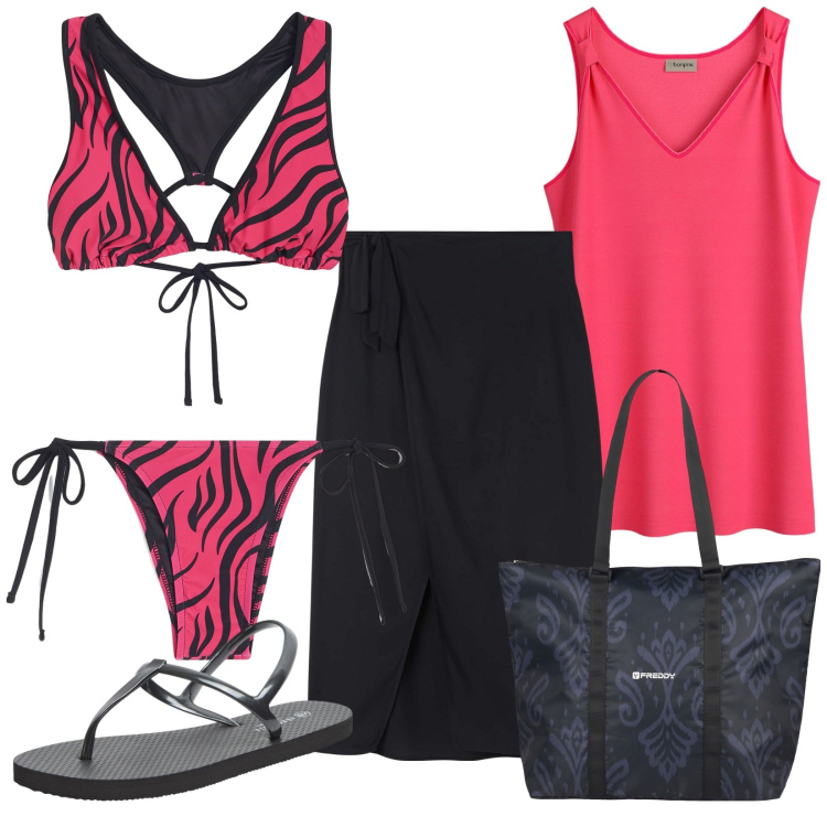 Outfit donna - Bikini Freddy. Stile Casual per Mare. Abbinamento con top, vestiti da spiaggia, sandali, bikini, shopping bag, bikini.