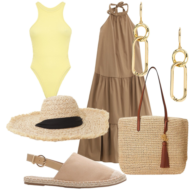 Outfit donna - Una lady risparmiosa. Stile Bon Ton per Mare. Abbinamento con espadrillas, vestiti midi/longuette, cappelli, borse tote, orecchini, costumi interi.