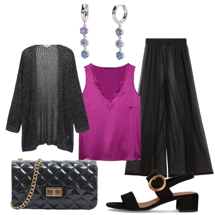 Outfit donna - Per la serata…. Stile Chic per Serata fuori. Abbinamento con borse a tracolla, pantaloni a palazzo, kimono, orecchini, top, sandali col tacco.