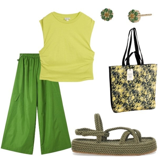 Outfit donna - Outifit di luglio. Stile Casual per Tutti i giorni. Abbinamento con maglieria, pantaloni cargo, orecchini, borse tote, sandali.