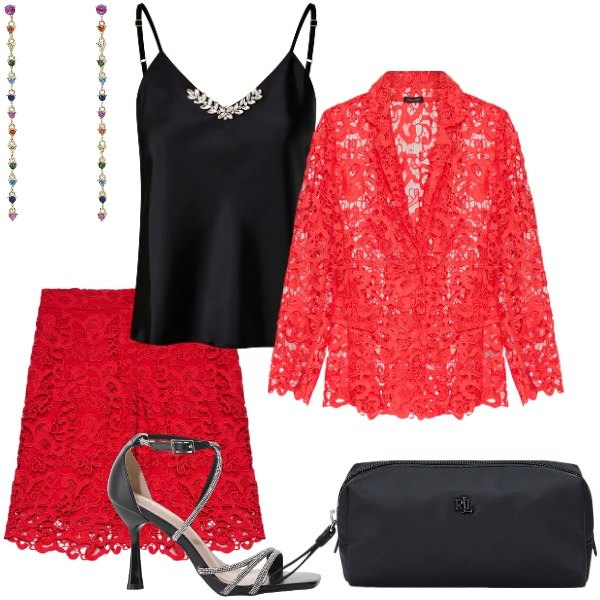Outfit donna - Compleanno in serata. Stile Glamour per Serata fuori. Abbinamento con orecchini, canottiere, sandali col tacco, pochette, blazer, pantaloni corti.