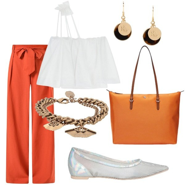 Outfit donna - Le serate di Luglio. Stile Casual chic per Serata fuori. Abbinamento con braccialetti, ballerine, pantaloni, top, borse tote, orecchini.