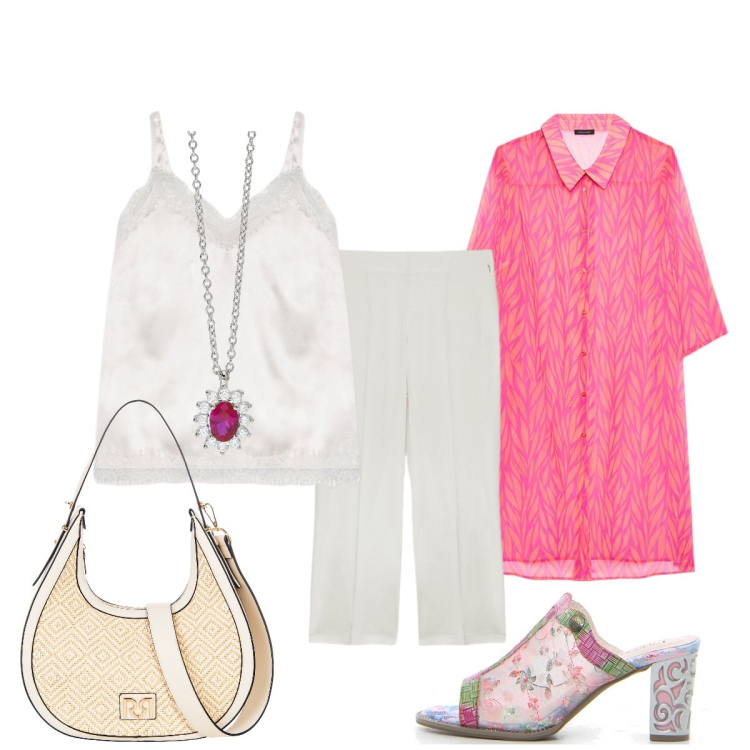 Outfit donna - Giornata di luglio in città. Stile Casual chic per Tutti i giorni. Abbinamento con collane, borse a mano, caftani, pantaloni, canottiere, sabot.