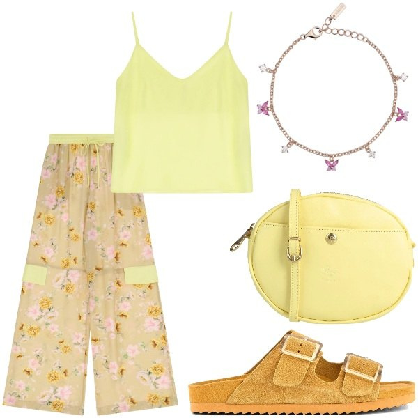 Outfit donna - Outifit di luglio. Stile Casual per Tutti i giorni. Abbinamento con borse a tracolla, braccialetti, canottiere, pantaloni, sandali.