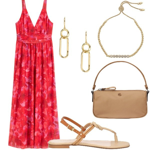 Outfit donna - Le serate di Luglio. Stile Casual chic per Serata fuori. Abbinamento con vestiti lunghi, infradito, orecchini, pochette, braccialetti.