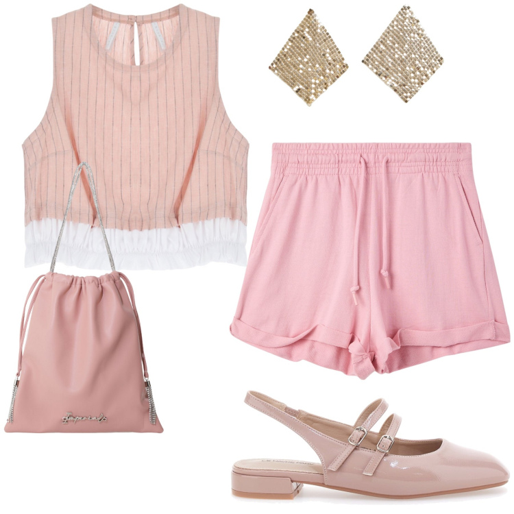 Outfit donna - Pink attitude. Stile Bon Ton per Tutti i giorni. Abbinamento con shorts, orecchini, borse a secchiello, top, ballerine.