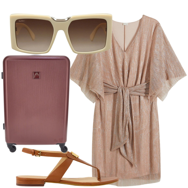 Outfit donna - Partenza. Stile Urban per Tutti i giorni. Abbinamento con occhiali da sole, vestiti, sandali, valigie.