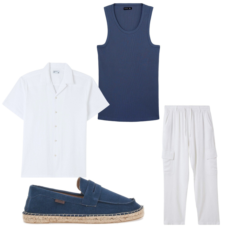 Outfit uomo - A tutto comfort. Stile Casual per Tutti i giorni. Abbinamento con camicie a manica corta, pantaloni cargo, canottiere, espadrillas.