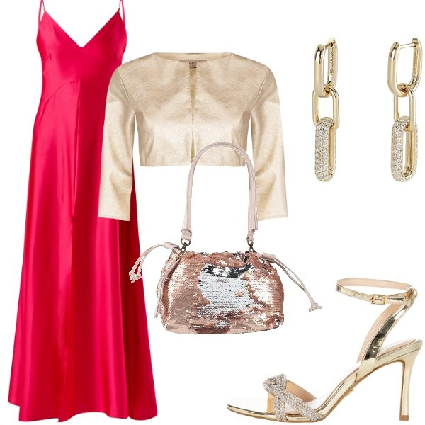 Outfit donna - Matrimonio di sera. Stile Glamour per Cerimonia. Abbinamento con borse a mano, orecchini, bolero, vestiti lunghi, sandali col tacco.
