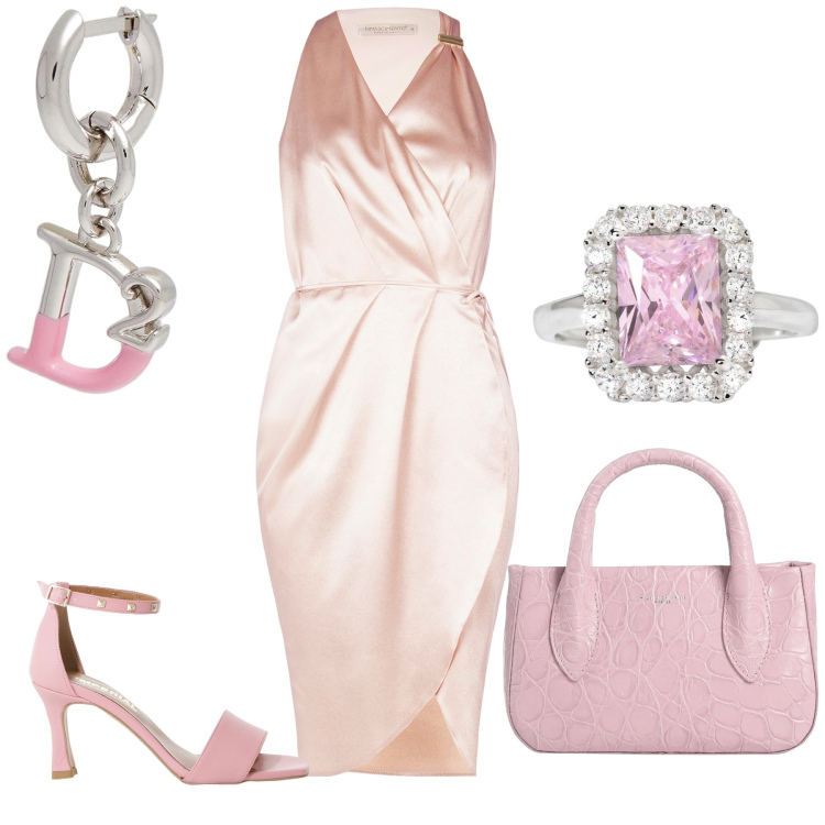 Outfit donna - Anniversario. Stile Chic per Serata fuori. Abbinamento con borse a mano, orecchini, anelli, vestiti senza maniche, sandali col tacco.