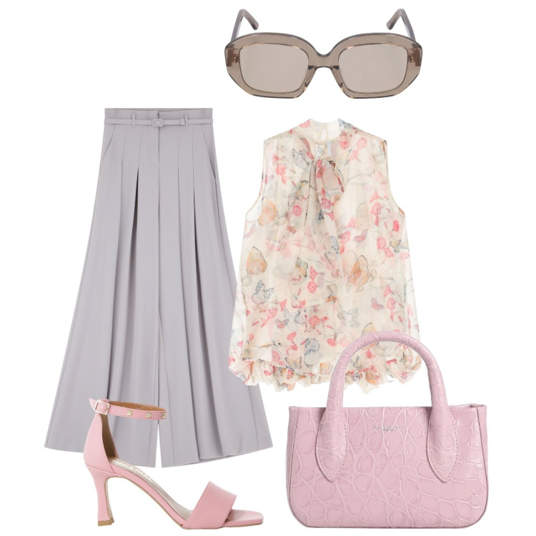 Outfit donna - Elegante. Stile Chic per Tutti i giorni. Abbinamento con borse a mano, sandali col tacco, camicie, pantaloni, occhiali da sole.