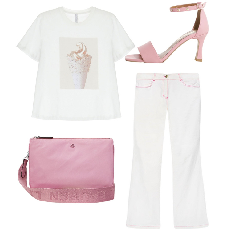 Outfit donna - Pink ice cream. Stile Casual chic per Tutti i giorni. Abbinamento con sandali col tacco, t-shirt, borse a tracolla, pantaloni.