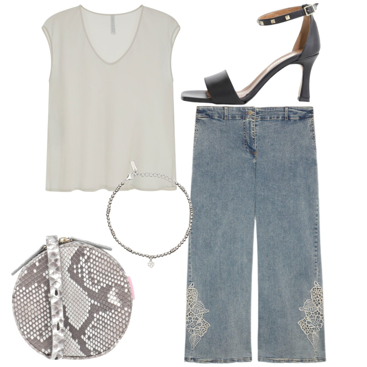 Outfit donna - Capri. Stile Casual chic per Serata fuori. Abbinamento con borse a tracolla, braccialetti con ciondoli, top, sandali col tacco, jeans.