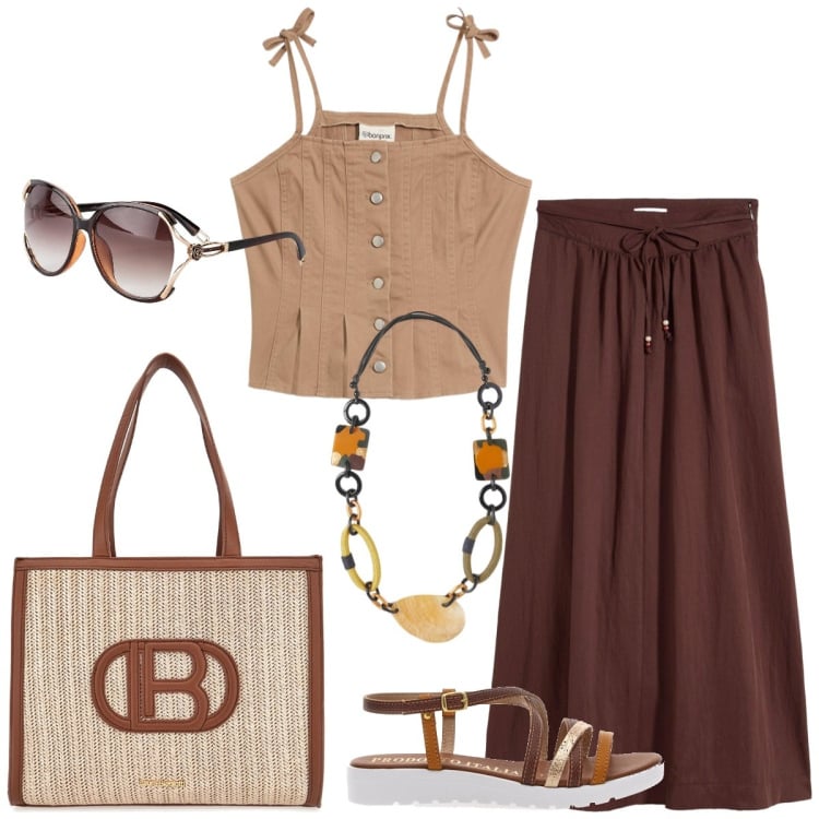 Outfit donna - Passeggiata. Stile Boho per Tutti i giorni. Abbinamento con gonne lunghe, top, occhiali da sole, sandali, borse a spalla, collane.