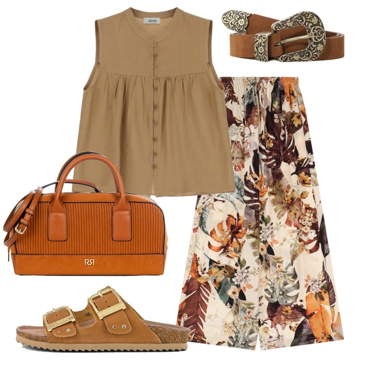 Outfit donna - Comoda in viaggio. Stile Boho per Tutti i giorni. Abbinamento con borse a mano, pantaloni a palazzo, camicie, cinture, sandali.