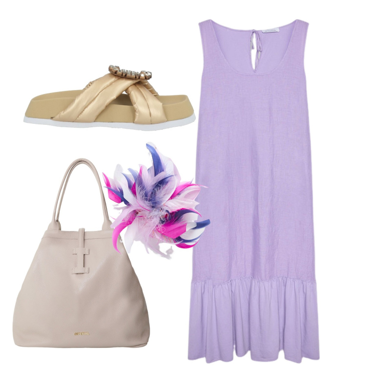 Outfit donna - Aperitivo. Stile Bon Ton per Tutti i giorni. Abbinamento con sandali, borse tote, vestiti lunghi, accessori per capelli.