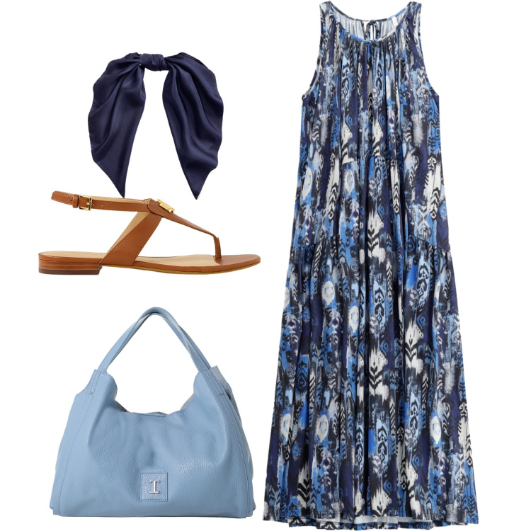Outfit donna - Un foulard per i capelli. Stile Romantica per Tutti i giorni. Abbinamento con vestiti lunghi, pochette, sandali, foulard.
